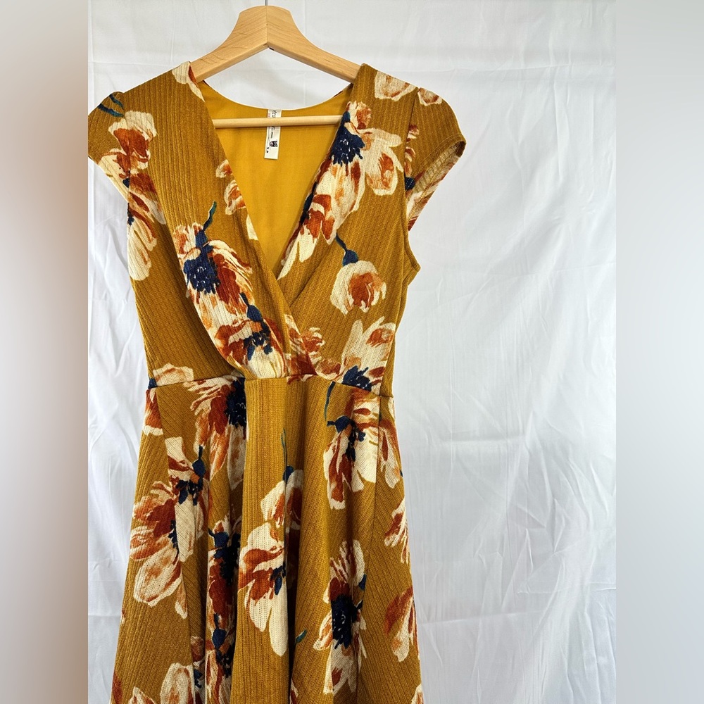 Mustard Abstract Floral Faux Wrap Dress - Cap Sleeves